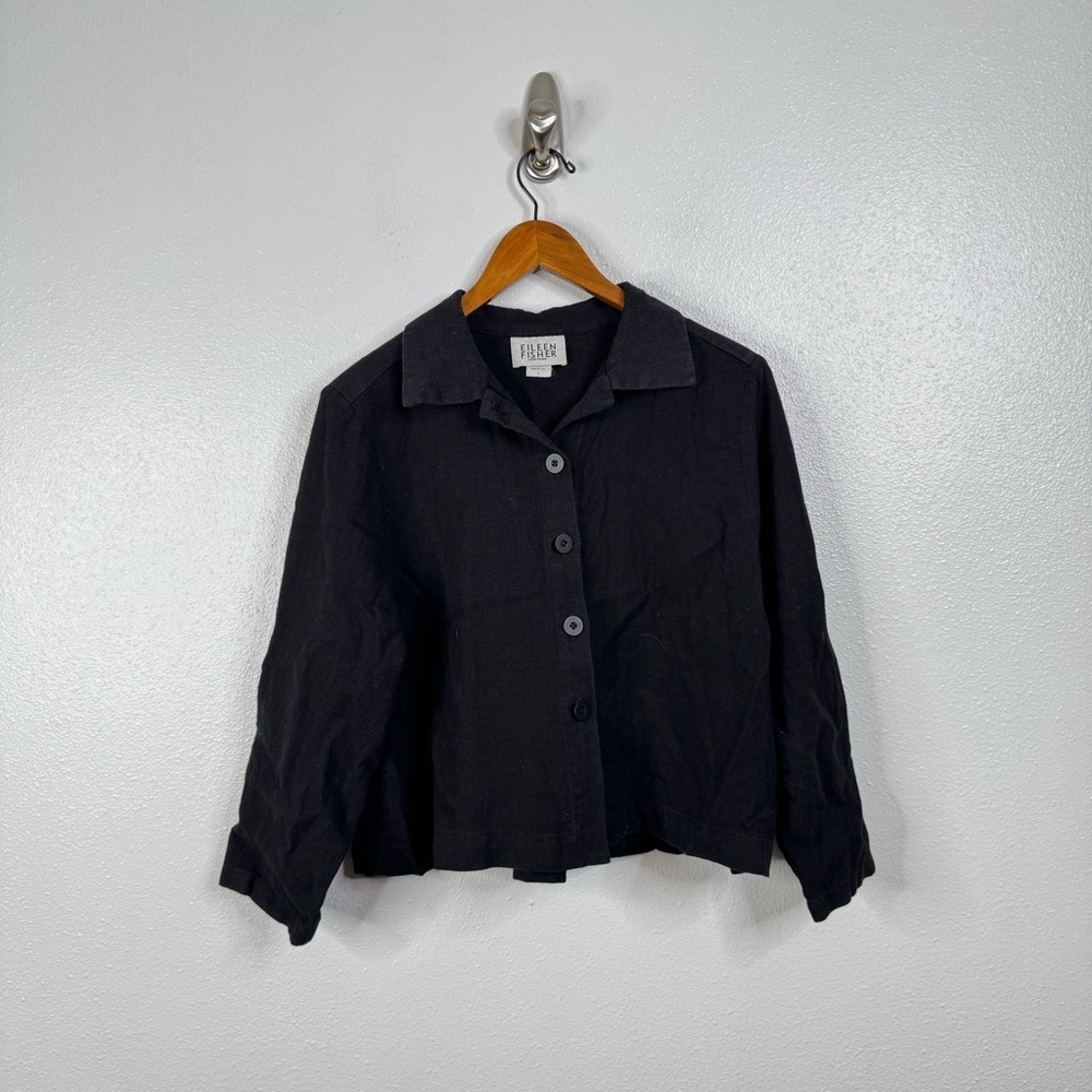 Eileen Fisher Black Boxy Cropped Long Sleeve Button Down Line Blend Top‎ Large